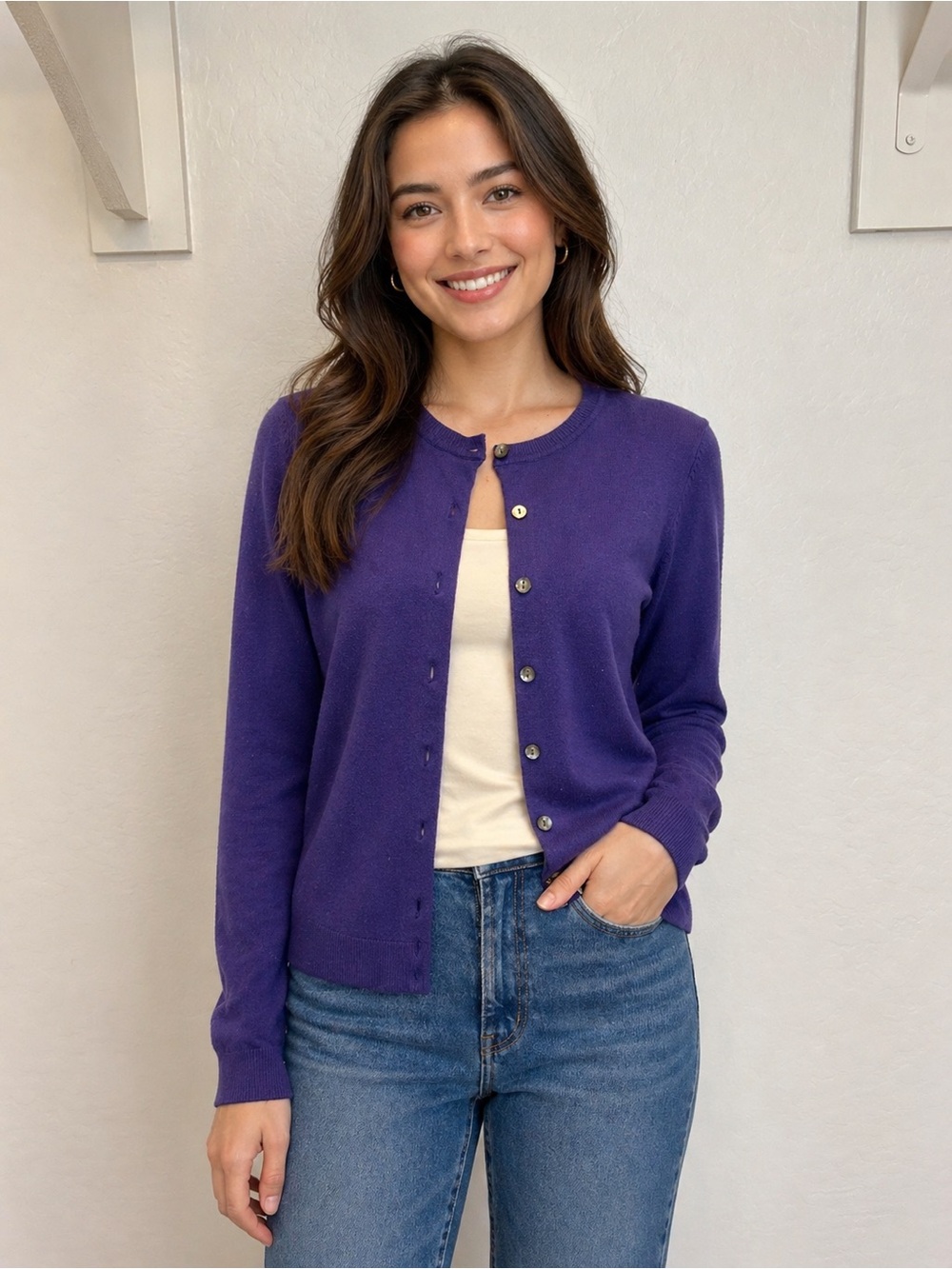 Charter Club Deep Purple Crewneck Button Cardigan